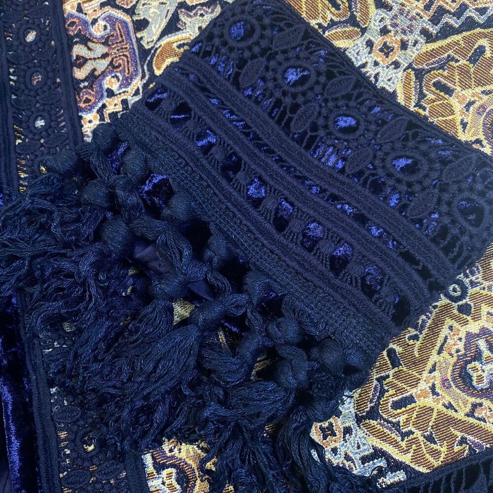 Boston Proper Fringe Tapestry Novelty Jacket Velvet Trim Size 14 Multicolor NWOT - Picture 7 of 16